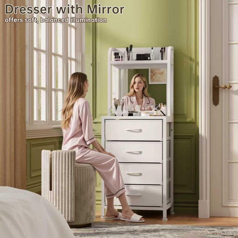WODRAWER Tall Dresser for Bedroom, 4 Drawer Dresser & Chests of Drawers with Mirror & Open Shelves, Vertical Vanity Storage Cabinet for Small Space - Image 3