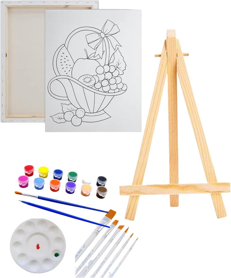 Pre Drawn Canvas Paint Kit | Adult & Teen Sip and Paint Party Favor | DIY Date Night Couple Activity FRUIT BASKET (M 12X16 PAINT, EASLE, 10 PAINT BRUSHES)