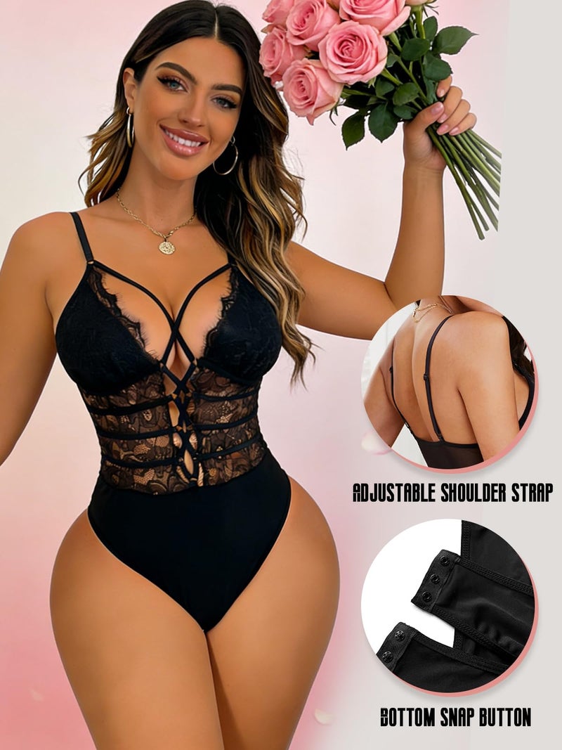 Buitifo Women Sexy Bodysuit One Piece Babydoll Lingerie Lace Teddy Negligee (Black,L) - Image 2
