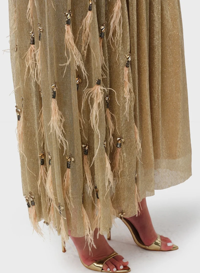 Threadz by Ajooni  Metallic Pleated Gown Dress for Women | Best Price UAE