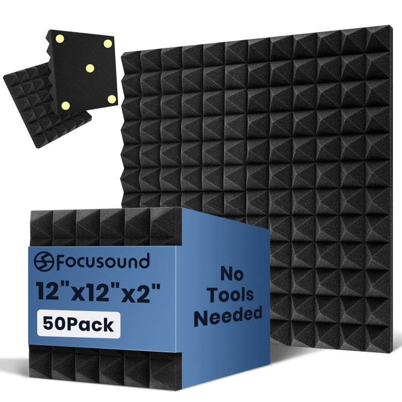 Focusound Acoustic Panels 50 Pack 2"x12"x12" with 300 PCS Double-Side Adhesive - Sound Proof Pyramid Foam for Walls, Home Studio Noise Absorption & Echo Control Kit - Image 1