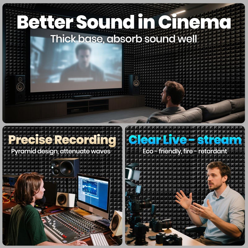 Focusound Acoustic Panels 50 Pack 2"x12"x12" with 300 PCS Double-Side Adhesive - Sound Proof Pyramid Foam for Walls, Home Studio Noise Absorption & Echo Control Kit - Image 2