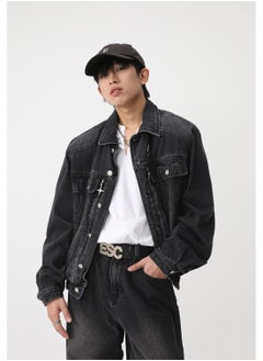 Loquat Men's Shoulder Pad Jacket Loose Waist Elastic Design Jean Jacket Black  - Image 3