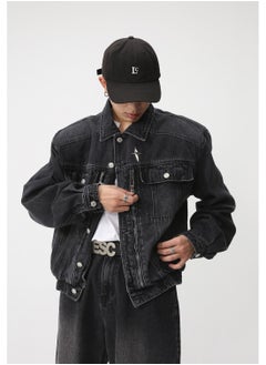 Loquat Men's Shoulder Pad Jacket Loose Waist Elastic Design Jean Jacket Black  - Image 2