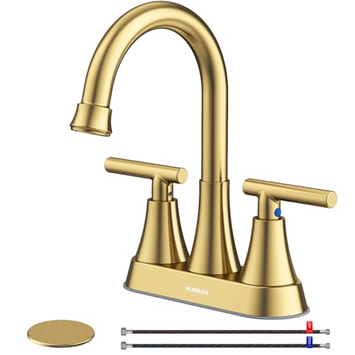 Hurran 4 inch Brushed Gold Bathroom Sink Faucet with Pop-up Drain and 2 Supply Hoses, Stainless Steel Lead-Free 2-Handle Centerset Faucet for Bathroom Sink Vanity RV - Image 1