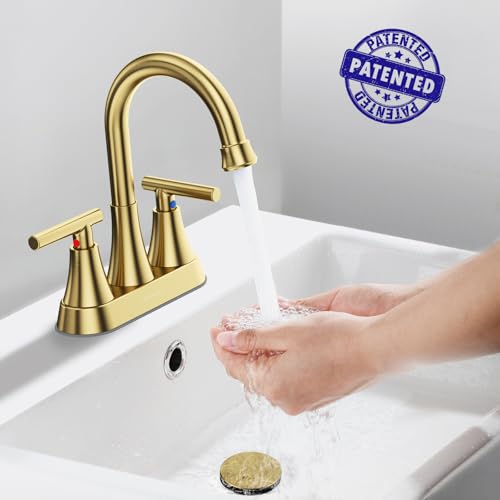 Hurran 4 inch Brushed Gold Bathroom Sink Faucet with Pop-up Drain and 2 Supply Hoses, Stainless Steel Lead-Free 2-Handle Centerset Faucet for Bathroom Sink Vanity RV - Image 3