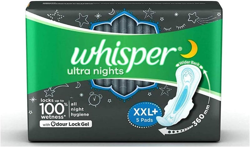 Whisper Ultra Nights Sanitary Pads with Wings 5 Pieces XXL Plus