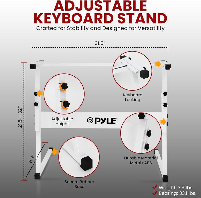 Pyle Keyboard Stand, Heavy-Duty Z Shape Piano Stand, Piano Bench, Microphone Stand, Headset, Sustain Pedal, Height Adjustable Keyboard Accessories Set, White, 31.5" L x 8.3" W x 21.25-32" H - Image 2