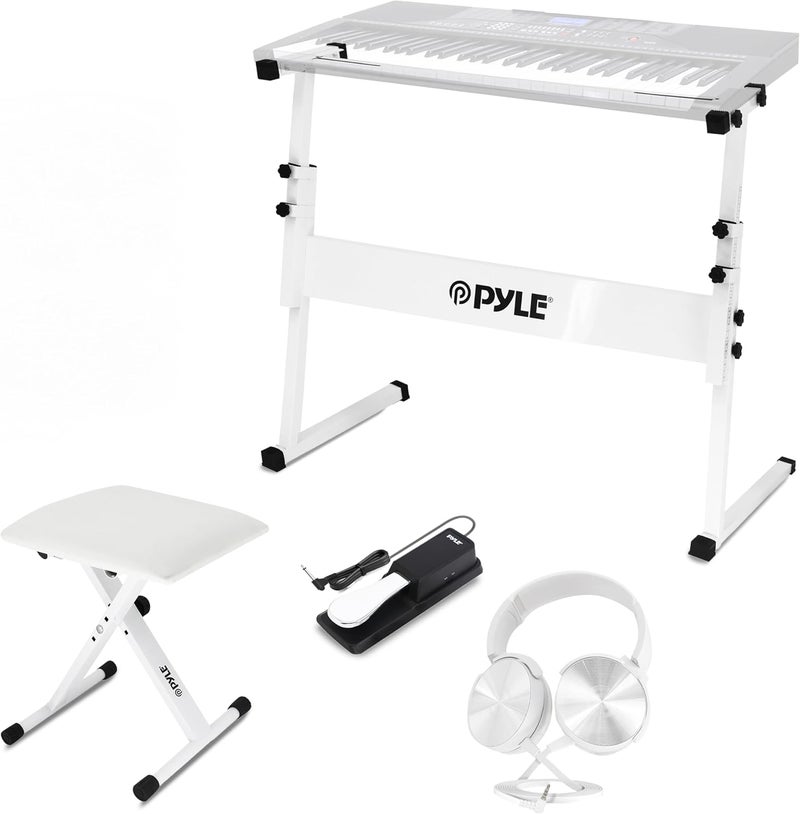 Pyle Keyboard Stand, Heavy-Duty Z Shape Piano Stand, Piano Bench, Microphone Stand, Headset, Sustain Pedal, Height Adjustable Keyboard Accessories Set, White, 31.5" L x 8.3" W x 21.25-32" H - Image 1