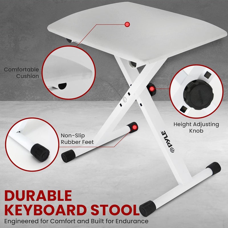 Pyle Keyboard Stand, Heavy-Duty Z Shape Piano Stand, Piano Bench, Microphone Stand, Headset, Sustain Pedal, Height Adjustable Keyboard Accessories Set, White, 31.5" L x 8.3" W x 21.25-32" H - Image 3