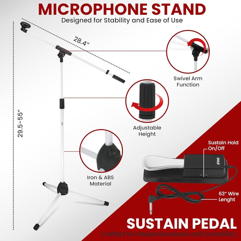 Pyle Keyboard Stand, Heavy-Duty Z Shape Piano Stand, Piano Bench, Microphone Stand, Headset, Sustain Pedal, Height Adjustable Keyboard Accessories Set, White, 31.5" L x 8.3" W x 21.25-32" H - Image 5