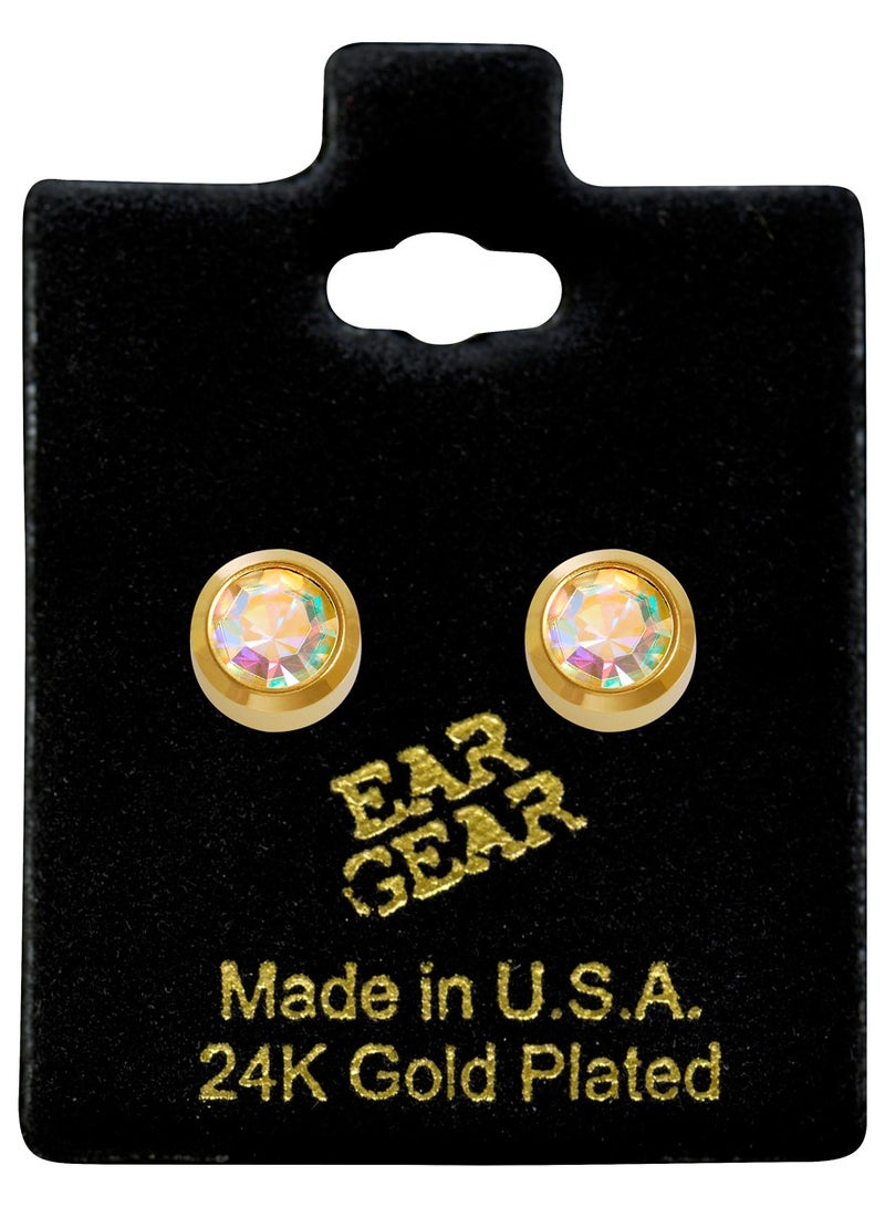 EAR GEAR 24K Gold Plated 4mm Bezel Aurora Borealis Earrings USA  - Image 1