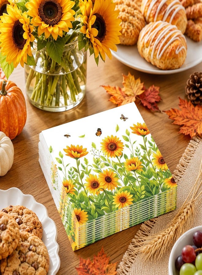 KFJBPB 50 Pcs Sunflower Napkins 6.5 x 6.5 inch, Sunflower Birthday Paper Napkins Disposable Holiday Beverage Cocktail Napkins for Summer Fall Bridal Shower Birthday Decoration - Image 5