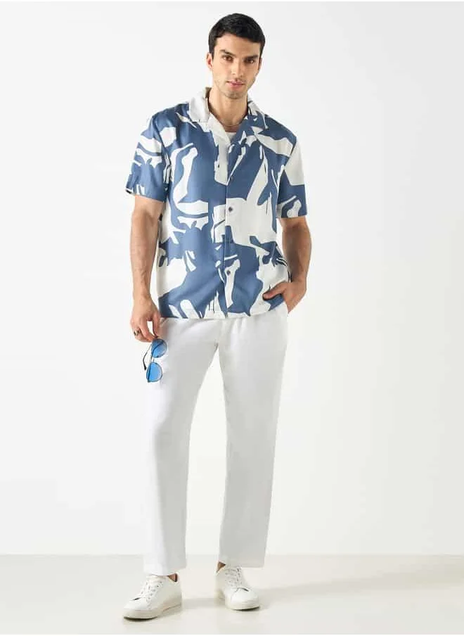 Iconic Iconic Regular Fit Printed Shirt with Camp Collar and Short Sleeves