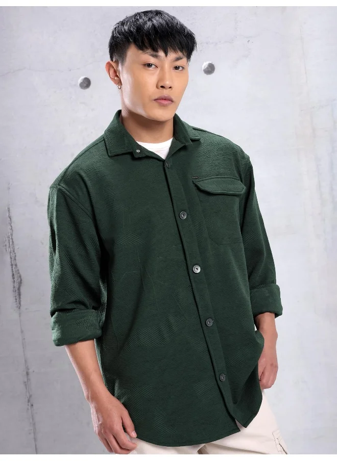 Beyoung Regent Green Textured Urban Shirt for Men