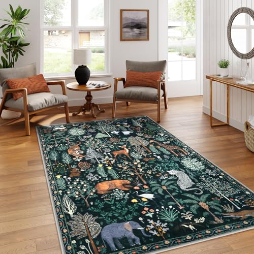 OJIA Jungle Print 5x7 Area Rugs for Living Room, Green Soft Washable Rugs for Bedroom Ultra-Thin Non-Slip Modern Rug, Stain Resistant Nursery Rug Carpet for Kids Playroom Nursery Dining Room - Image 4