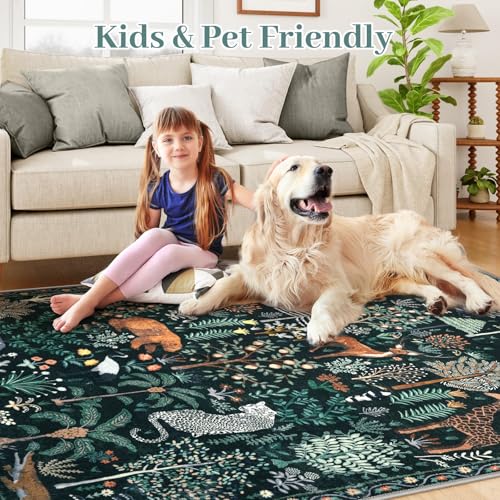 OJIA Jungle Print 5x7 Area Rugs for Living Room, Green Soft Washable Rugs for Bedroom Ultra-Thin Non-Slip Modern Rug, Stain Resistant Nursery Rug Carpet for Kids Playroom Nursery Dining Room - Image 3