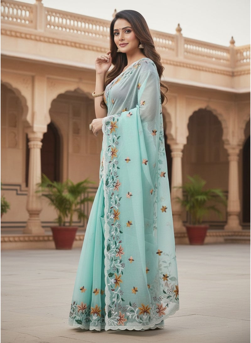 Ready to wear saree | Women's Floral/Printed Organza Saree with Designer Fancy Blouse Piece | Lightweight Sheer Saree for Party, Festive & Wedding Occasions (Aqua Blue) - Image 5