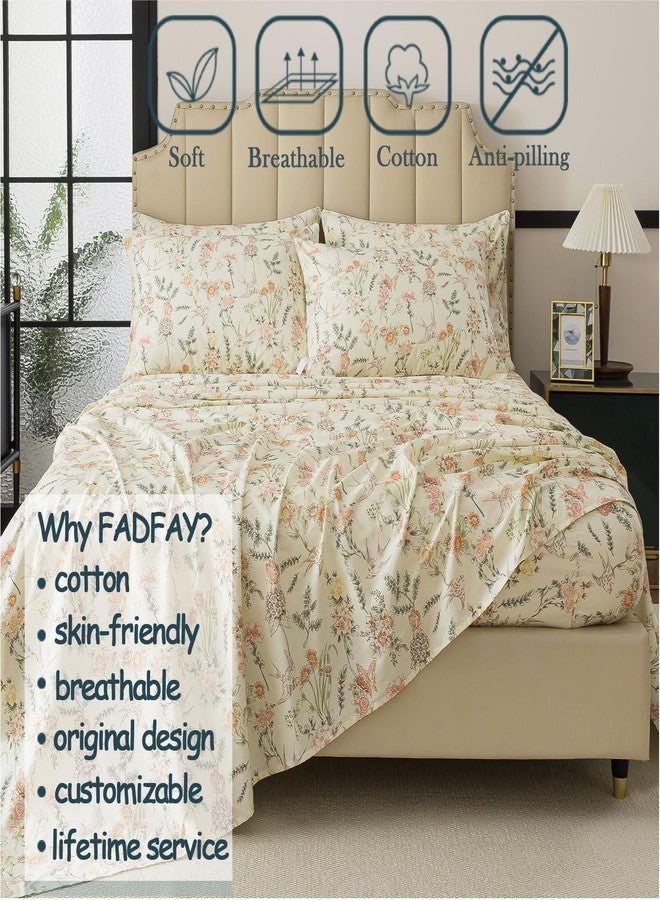 FADFAY Queen Size Sheets Set - 4 Pieces 100% Cotton Deep Pocket Fitted Sheet, Crisp, Breathable & Soft, Country Style Floral & Butterfly Pattern for All Seasons - Image 3