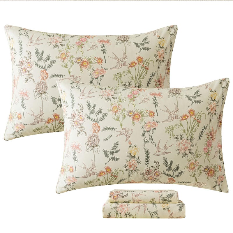 FADFAY Queen Size Sheets Set - 4 Pieces 100% Cotton Deep Pocket Fitted Sheet, Crisp, Breathable & Soft, Country Style Floral & Butterfly Pattern for All Seasons - Image 1