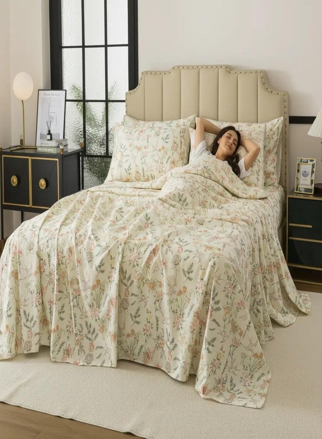 FADFAY Queen Size Sheets Set - 4 Pieces 100% Cotton Deep Pocket Fitted Sheet, Crisp, Breathable & Soft, Country Style Floral & Butterfly Pattern for All Seasons - Image 2