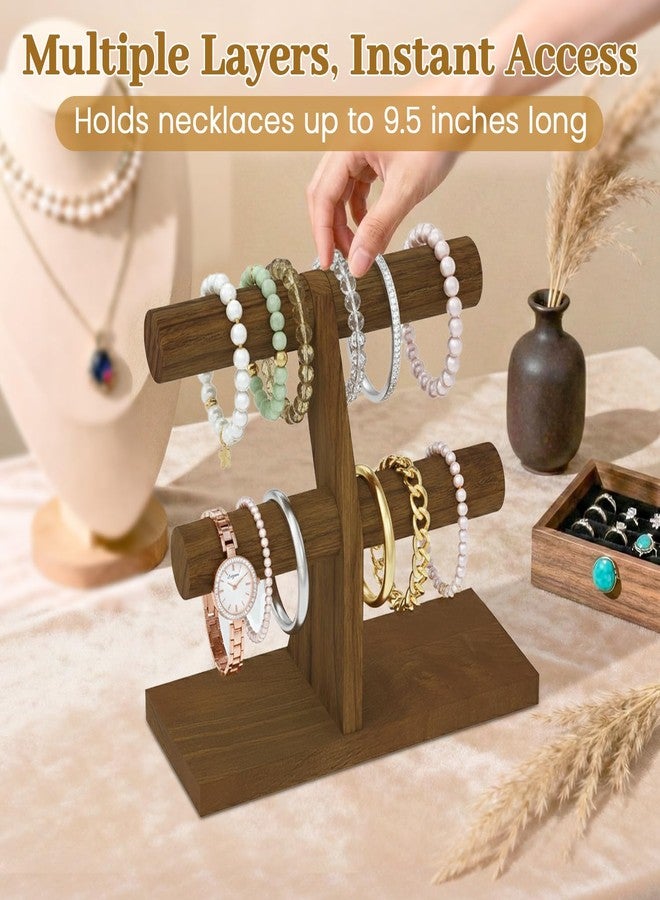 MODOWEY Bracelet Holder Organizer Display Stand, 2 Tier Wooden T Bar Bangle Rack for Dresser, Small Jewelry Hanger with Rod for Vendor Selling, Desktop Vertical Jewellery Tree for Home Business, Brown - Image 2