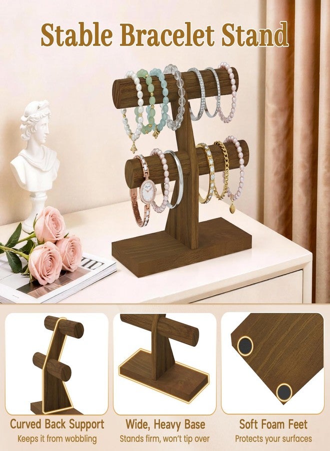 MODOWEY Bracelet Holder Organizer Display Stand, 2 Tier Wooden T Bar Bangle Rack for Dresser, Small Jewelry Hanger with Rod for Vendor Selling, Desktop Vertical Jewellery Tree for Home Business, Brown - Image 3