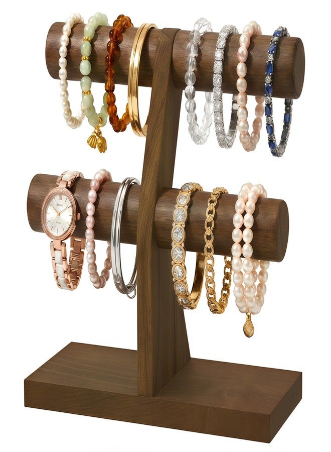 MODOWEY Bracelet Holder Organizer Display Stand, 2 Tier Wooden T Bar Bangle Rack for Dresser, Small Jewelry Hanger with Rod for Vendor Selling, Desktop Vertical Jewellery Tree for Home Business, Brown - Image 1