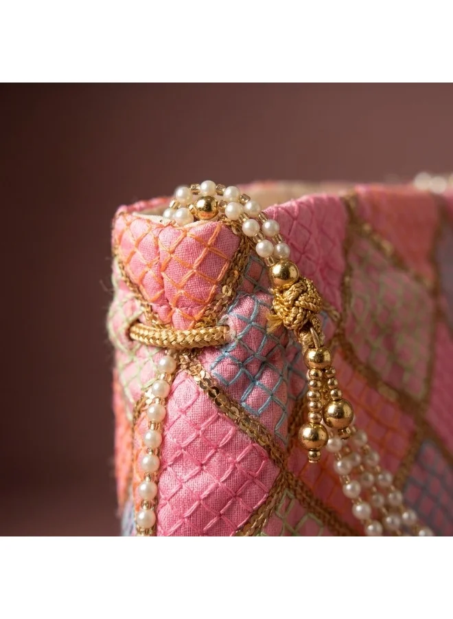 Mobcos Mobcos Rose Gold Chex Floral Print Potli Bag Mobcos Rose Gold Chex Handcrafted Indian Embroidered Mirror Work Potli Bag for Women | Premium Silk Blend Ethnic Drawstring Handbag with Pearl Handle | Wedding, Bridal, Party & Festive Purse for Women | Best Price UAE