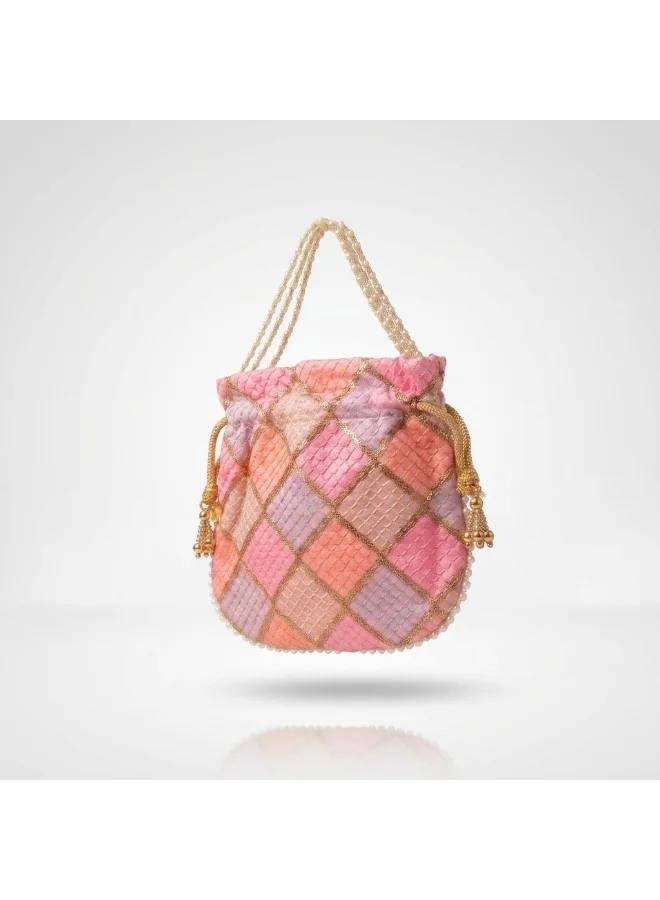 Mobcos Mobcos Rose Gold Chex Floral Print Potli Bag Mobcos Rose Gold Chex Handcrafted Indian Embroidered Mirror Work Potli Bag for Women | Premium Silk Blend Ethnic Drawstring Handbag with Pearl Handle | Wedding, Bridal, Party & Festive Purse for Women | Best Price UAE