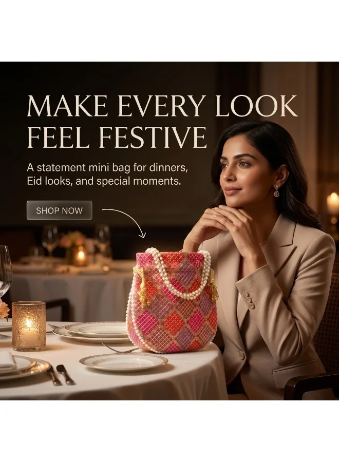Mobcos Mobcos Rose Gold Chex Floral Print Potli Bag Mobcos Rose Gold Chex Handcrafted Indian Embroidered Mirror Work Potli Bag for Women | Premium Silk Blend Ethnic Drawstring Handbag with Pearl Handle | Wedding, Bridal, Party & Festive Purse for Women | Best Price UAE