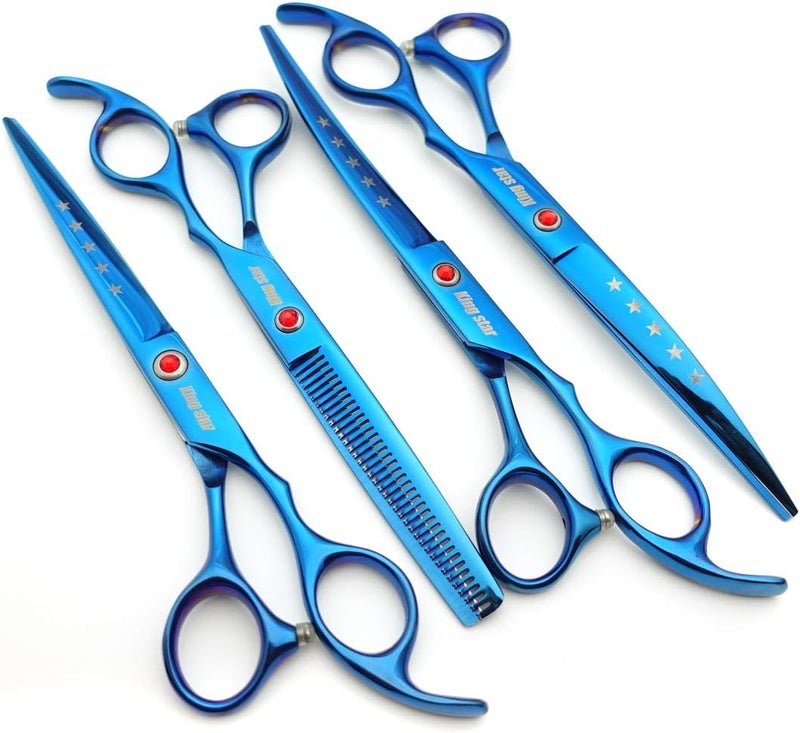 Kingstar 7.0in Titanium Blue Professional Pet Grooming Scissors Set,Straight & Thinning & Curved Scissors 4pcs Set for Dog Grooming,(Blue) - Image 3