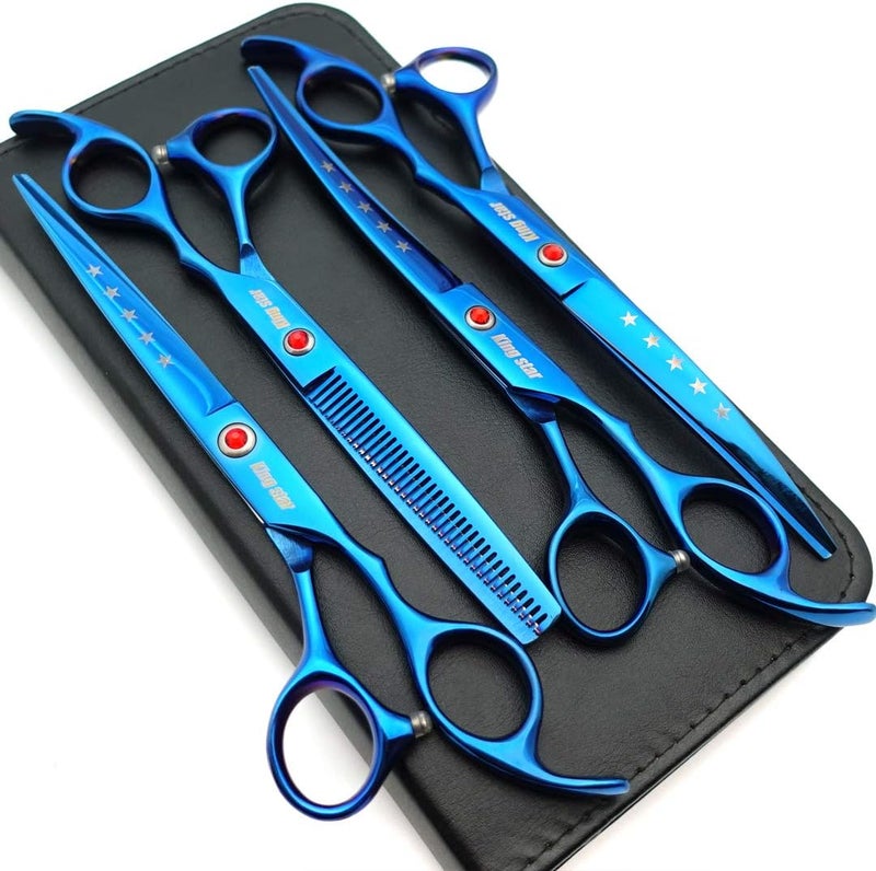 Kingstar 7.0in Titanium Blue Professional Pet Grooming Scissors Set,Straight & Thinning & Curved Scissors 4pcs Set for Dog Grooming,(Blue) - Image 1