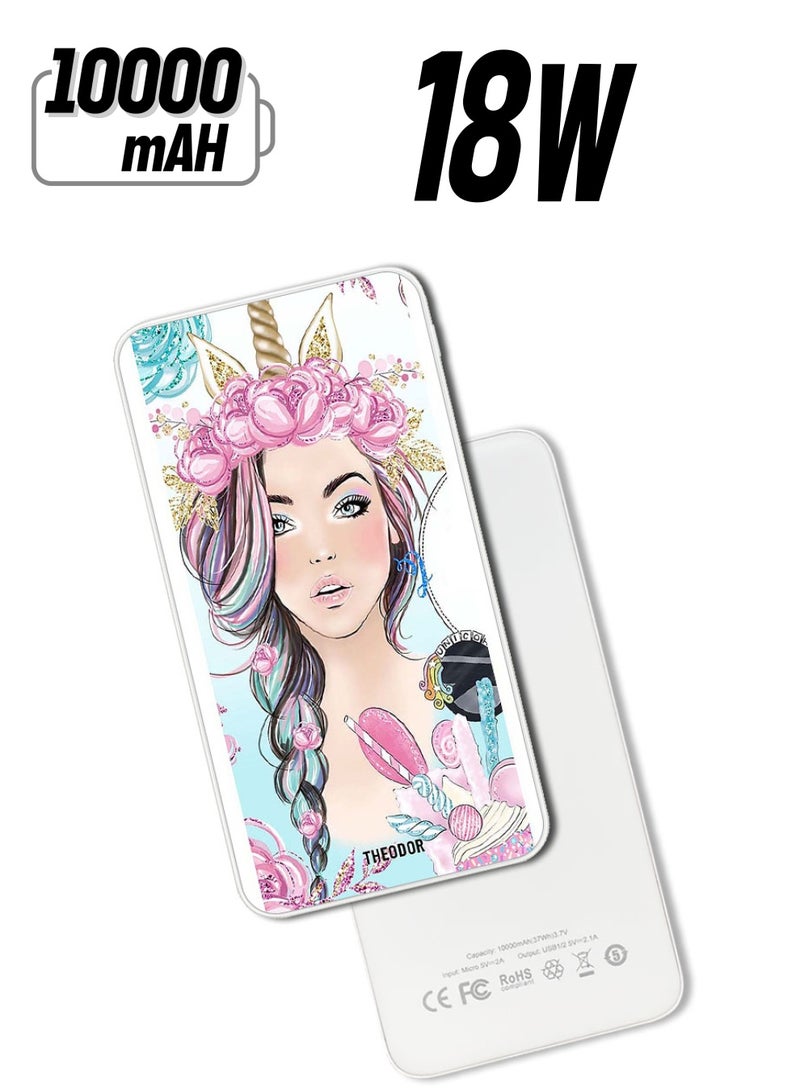 Theodor 10,000 mAh Super Fast Charging Ultra Compact Power Bank with Quick Charge & Power Delivery, Portable Charger For iPhone and Android Unicorn Girl - Image 1