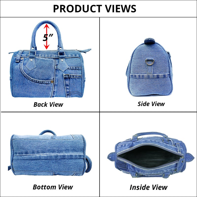 Bijoux De Ja Handmade Upcycled Denim Compact Crossbody Handbag for Women, Lightweight Blue Jean Satchel Purse with Adjustable Strap and Top Handle for Daily Use, Approx. 10 x 8 x 5.5 Inches (Medium-Tone) - Image 5