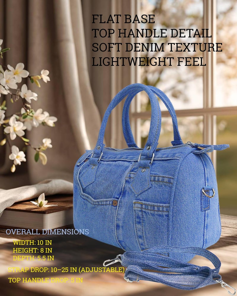 Bijoux De Ja Handmade Upcycled Denim Compact Crossbody Handbag for Women, Lightweight Blue Jean Satchel Purse with Adjustable Strap and Top Handle for Daily Use, Approx. 10 x 8 x 5.5 Inches (Medium-Tone) - Image 3