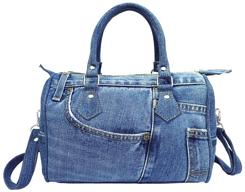 Bijoux De Ja Handmade Upcycled Denim Compact Crossbody Handbag for Women, Lightweight Blue Jean Satchel Purse with Adjustable Strap and Top Handle for Daily Use, Approx. 10 x 8 x 5.5 Inches (Medium-Tone) - Image 4