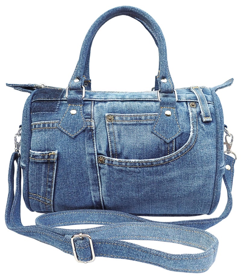 Bijoux De Ja Handmade Upcycled Denim Compact Crossbody Handbag for Women, Lightweight Blue Jean Satchel Purse with Adjustable Strap and Top Handle for Daily Use, Approx. 10 x 8 x 5.5 Inches (Medium-Tone) - Image 1
