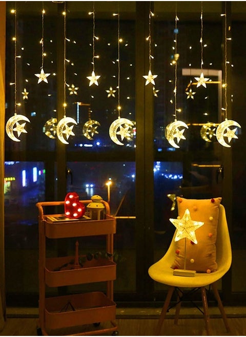 Star and Crescent LED String Lights, Ramadan Decorative Curtain with Built-in Controller, 3m Length and 80cm Height 55W Star and Crescent Yellow