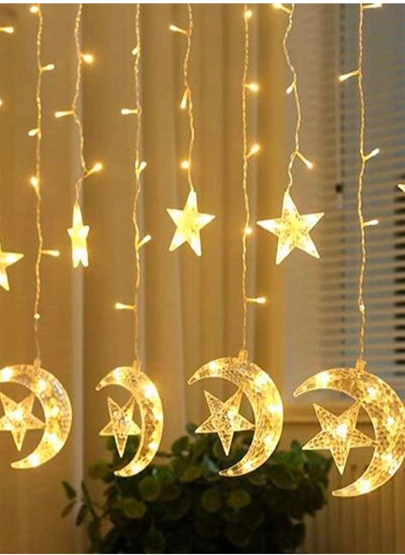 Star and Crescent LED String Lights, Ramadan Decorative Curtain with Built-in Controller, 3m Length and 80cm Height 55W Star and Crescent Yellow