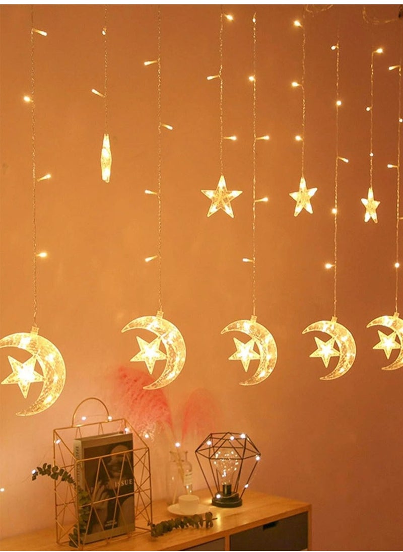 Star and Crescent LED String Lights, Ramadan Decorative Curtain with Built-in Controller, 3m Length and 80cm Height 55W Star and Crescent Yellow