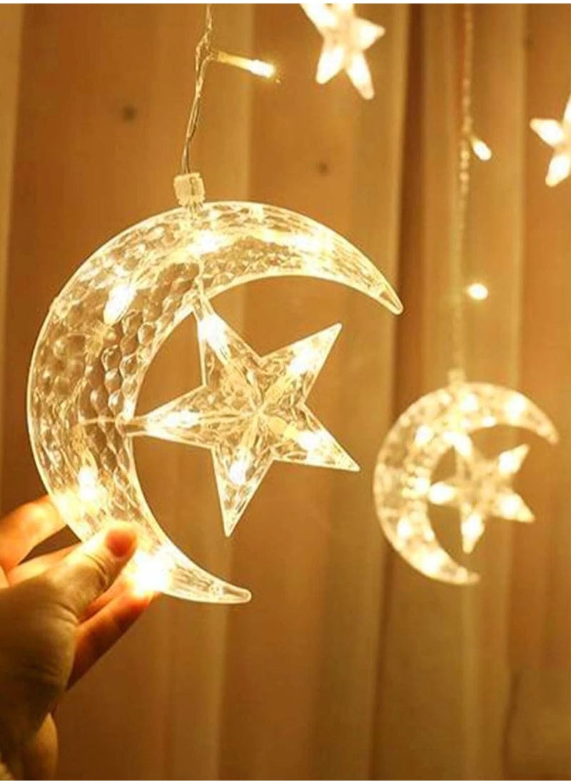 Star and Crescent LED String Lights, Ramadan Decorative Curtain with Built-in Controller, 3m Length and 80cm Height 55W Star and Crescent Yellow