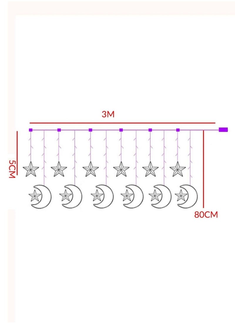 Star and Crescent LED String Lights, Ramadan Decorative Curtain with Built-in Controller, 3m Length and 80cm Height 55W Star and Crescent Yellow