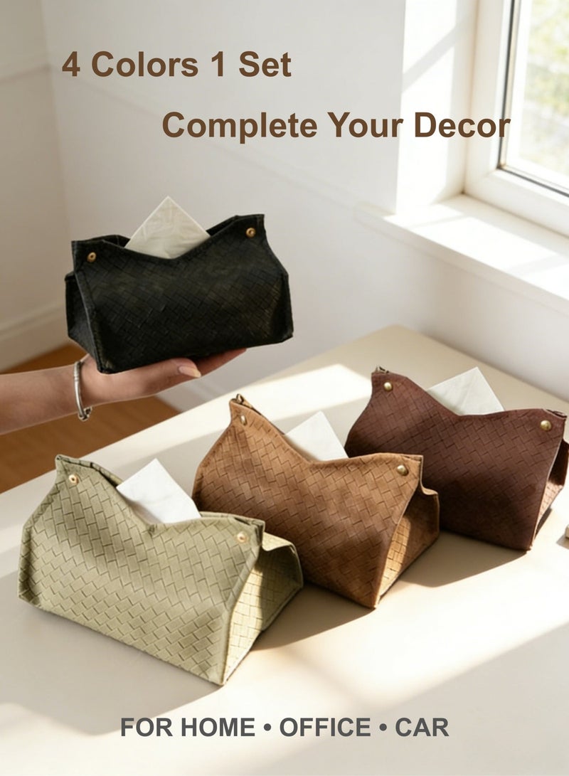 PU Leather Rectangular Tissue Box Cover, Facial Tissue Holder for Bathroom, Living Room, Office, Car, Tabletop Decor – Woven Design (4 Color Set) - Image 1