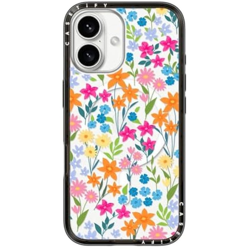 Casetify Compact iPhone 16 Case 【Slim and Sleek/Compatible with Magsafe / 4 ft. 2X Military Grade Drop Protection】 - Bright Spring Flowers - Clear Black - Image 1
