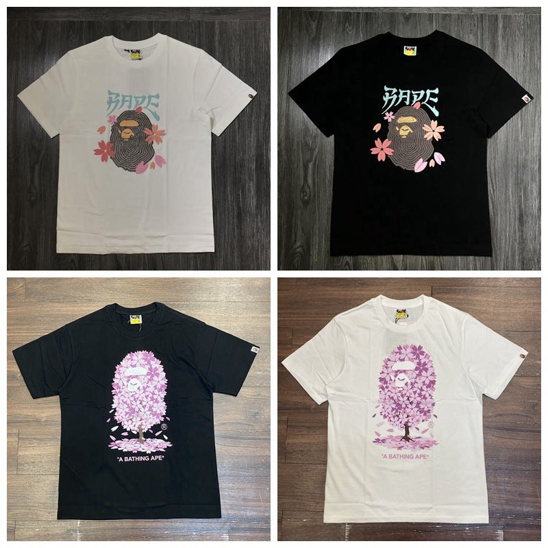 Trendy Brand Bape Japan Limited Sakura Ape Head Foam Stereo Printed Short-Sleeved T-Shirt For Men And Women Couple - Image 2