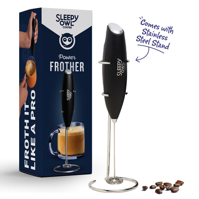 Sleepy Owl Powerful Milk Frother for Coffee Black Color Battery Operated Electric Frother Stainless Steel Whisk with Frother Stand Best for Coffee Lattes Milk Hot Chocolates - Image 1