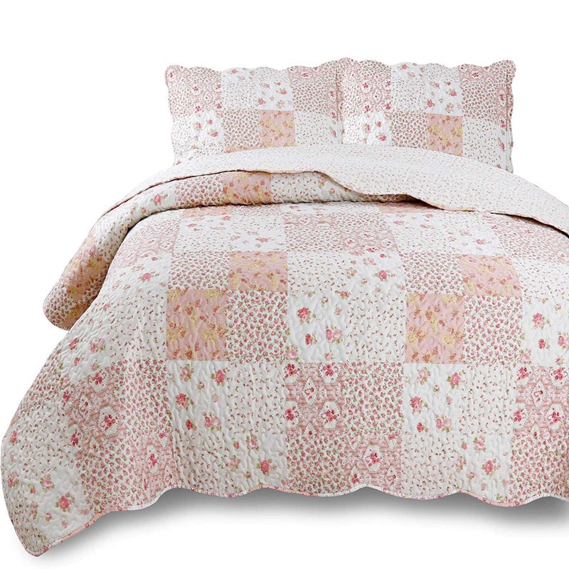 KASENTEX King Quilt Set Reversible Patchwork Flower Quilt Bedding Set3 Pieces Soft Microfiber Lightweight BedspreadExquisite Printed Coverlet with 2 Pillow Shams for All SeasonPink Floral104x90