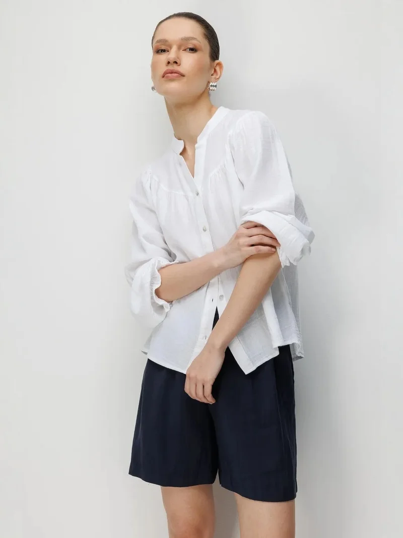 Mixray White Mixray Cotton Mandarin Collar Button Shirt for Women | Best Price UAE