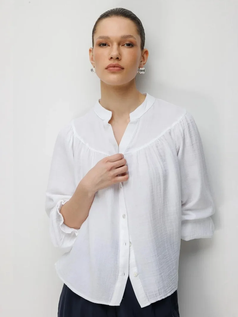 Mixray White Mixray Cotton Mandarin Collar Button Shirt for Women | Best Price UAE